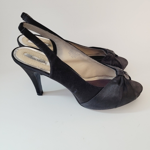 Sam & Libby Black Satin Peep Toe Sling Back Heels - Picture 3 of 9